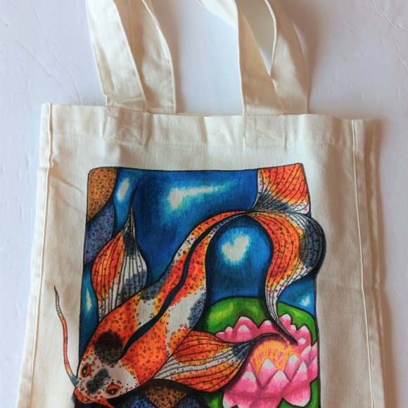 Hand-Painted Koi Fish Canvas Tote Bag: Lotus Pond Reusable Bag 14x13x7 inches - Picture 2 of 10